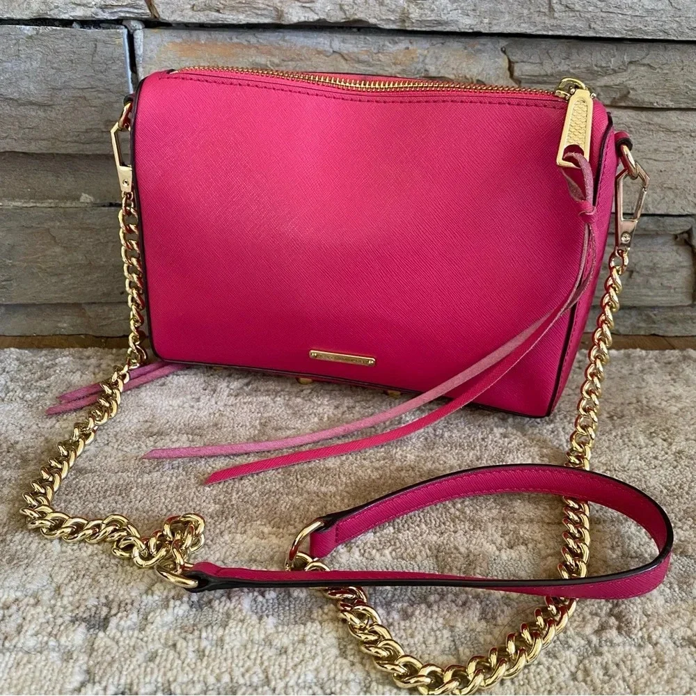 REBECCA MINKOFF Avery Saffiano Leather Crossbody Bag Fuchsia Pink Gold Chain